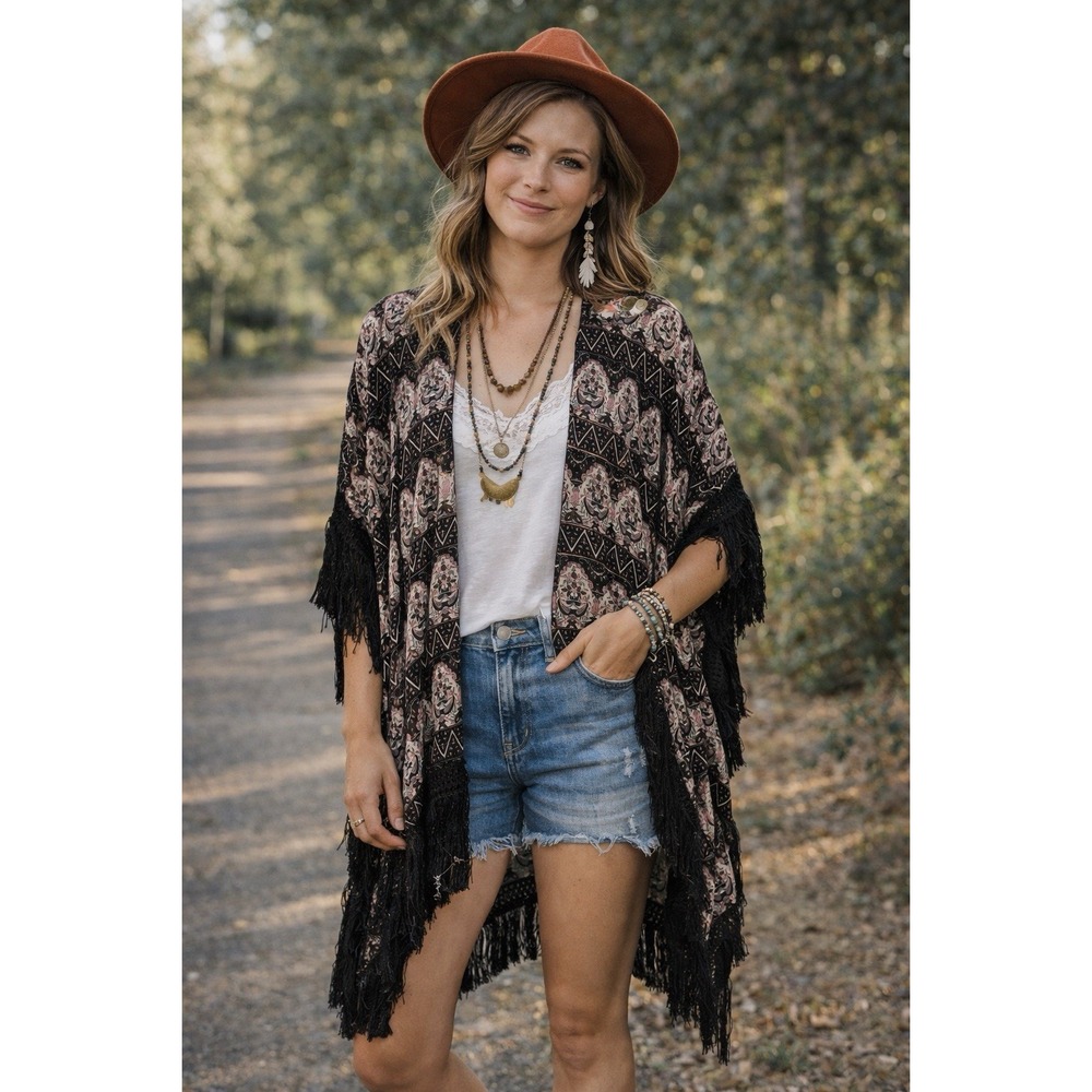 Lulla Collection by Bindya Kimono Floral Boho Gypsy Witchy Black Fringe Duster